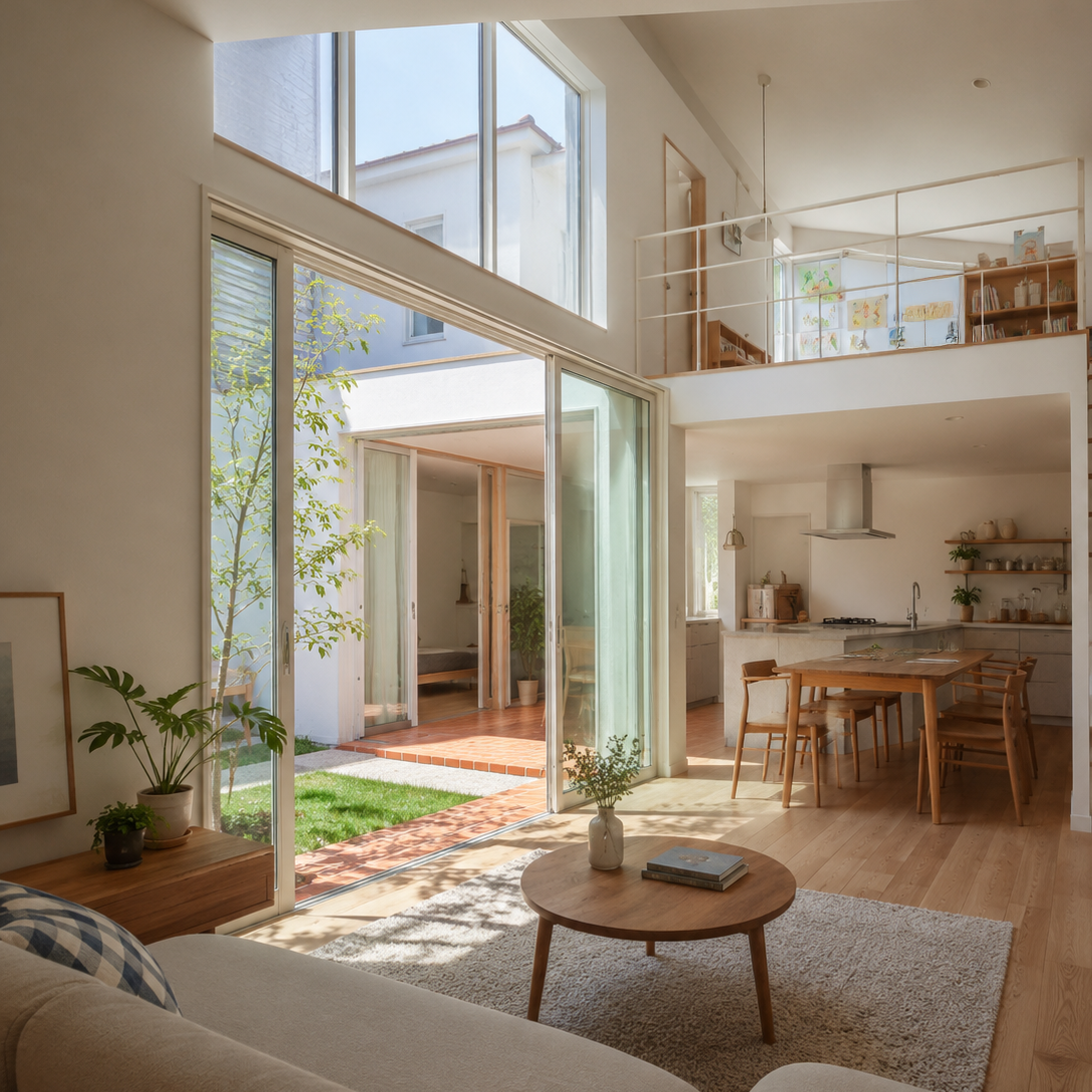 秩父の自然を感じる中庭とロフト付き平屋住宅のリビング空間